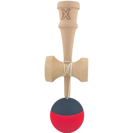 Kendama X Originala, Profesionala, Cyrax, 18 cm, din Lemn, Rubber Grip, Rosu/Negru