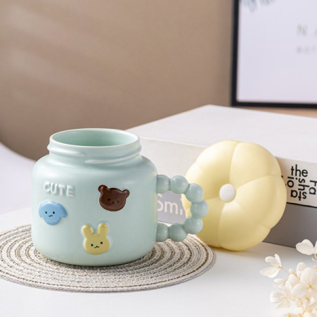 Cana pentru Copii, Cyrax, din Portelan, print Figurine Animalute, Model CUTE, Cana cu Capac, Ceasca pentru Cafea, Ceai, 400ml Albastru deschis