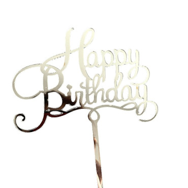 Decoratiune Topper pentru Tort, Cyrax, Model Happy Birthday, Tematica Aniversare, 10 cm, Argintiu
