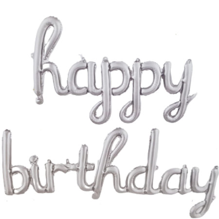 Set 10 Baloane din Folie Metalizata, Cyrax, Figurine Litere, Model Scris de Mana Happy Birthday, Tema Aniversare, 40 cm, Ambalaj Individual, Pai Inclus, Umflare cu Aer sau Heliu, Argintiu