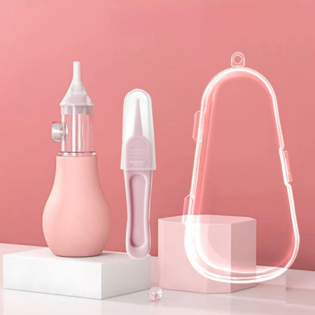 Set Aspirator Nazal pentru Copii, Cyrax, Manual, Anti-Reflux, cu Pompita, Usor de Curatat, Varf din Silicon, 11.2x4cm, Roz