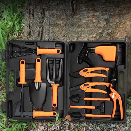 Set 12 accesorii pentru gradinarit  geanta depozitare inclusa, otel inoxidabil, 37 x 27 cm, portocaliu