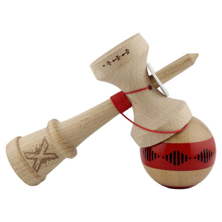 Kendama X Originala FREQUENCY, Profesionala, Cyrax, Cupe Mari KING SIZE V3, Super Sticky, Gaura in Baza, Rulment Metalic, din lemn 18 cm, Ata 55 cm, Rosu/Maro