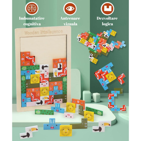 Puzzle din Lemn Cyrax, Tip Tetris, +4 Ani, cu Animale Colorate 3D, 40 Piese, Multicolor