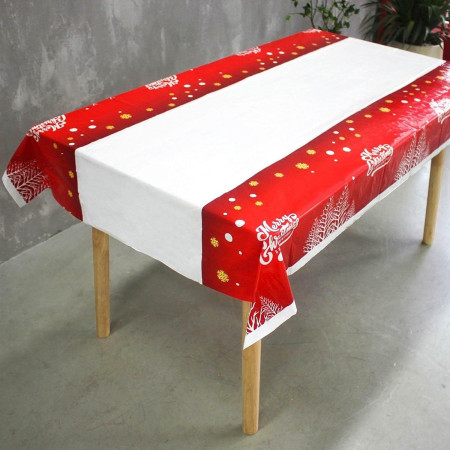 Fata de masa dreptunghiulara Cyrax, PVC, 2.5 mm grosime, imprimeu Merry Christmas, potrivit pentru Craciun, utilizare multipla, 180 x 108 cm, alb