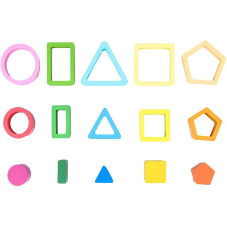 Jucarie Montessori din Lemn, Cyrax, Tip Puzzle, cu 5 Forme Asimetrice, 15 Piese, Educativa, Interactiva, Creativa, Model Forme Geometrice, Materiale Non Toxice, +2 Ani, 29x6.5 cm, Multicolor