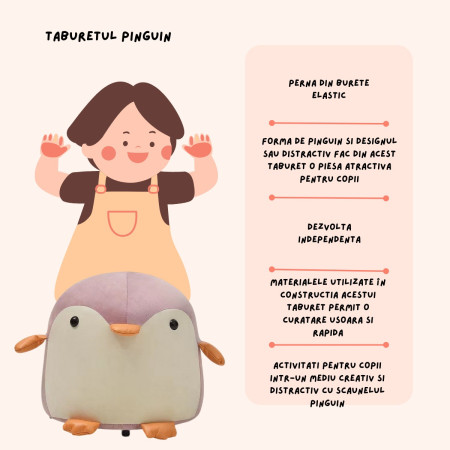 Taburet Pentru Copii, Cyrax, Cadru din Lemn Masiv, 25 x 29 x 29 cm, Perna de Burete Elastica si Maner de Transport, in Forma de Pinguin, Roz