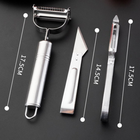Accesorii de Curatat Decojit Fructe Legume, Cyrax, Set 3 Piese, Feliator Cutit Decojitor, Legume si Fructe, din Otel Inoxidabil, cu Maner, Argintiu