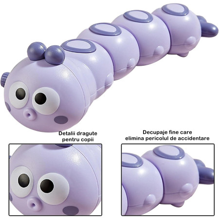 Jucarie mecanica pentru copii Cyrax, omida haioasa, cu cheita, distractiva, se taraste, se misca, 15 x 4 cm, mov