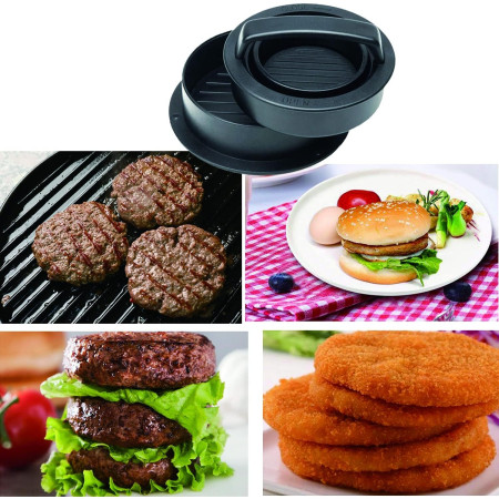 Cyrax Presa dubla pentru hamburgeri 2 in 1, forma si presa, doua dimensiuni, cu maner, usor de curatat si folosit, material ABS, 100 de foi hartie de copt incluse, 13x13.5x7 cm, fara lipire, neagra