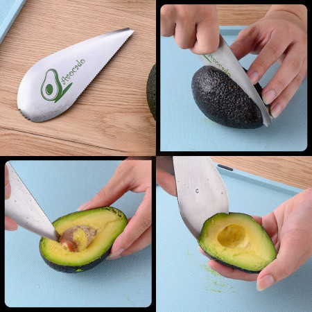 Taietor special pentru avocado Cyrax, 3 in 1, forma curbata, zimti pentru apucare si taiere, din otel inoxidabil, 15 x 6 cm, gri