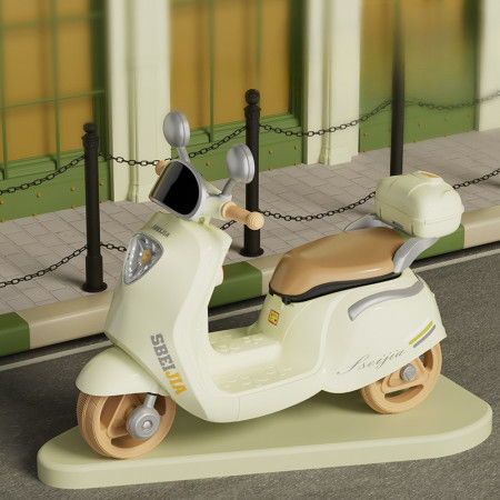 Motocicleta Electrica Cyrax, cu Acumulator, Telecomanda, Bluetooth, cu Sistem Anti-Rasturnare, Sistem de Lumini si Sunet, 3-10 Ani, Bej