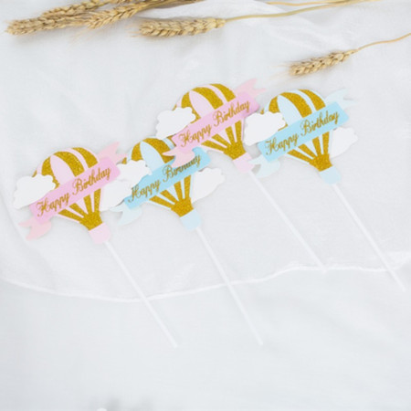 Set 3 Toppere pentru Tort, Cyrax, Model Balon cu Aer Cald Happy Birthday, Tematica Aniversare, Roz