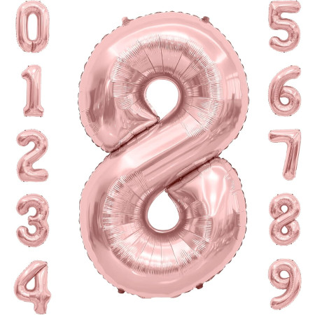 Balon din Folie Metalizata Cyrax, Figurina Cifra, Tema Aniversare 80 cm, Ambalaj Individual, Pai inclus, Umflare cu Aer sau Heliu, Rose Gold, Cifra 8