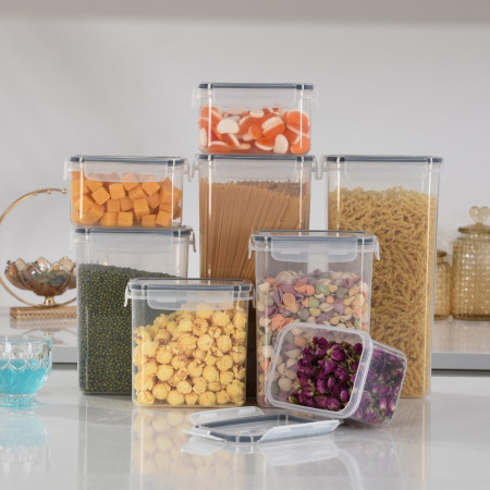 Cutii de depozitare alimente, Cyrax, Set din 8 Cutii pentru Condimente, Cereale, Cutii pentru Bucatarie, din Plastic PP, Cutii Alimentare, Diferite Dimensiuni, Transparente