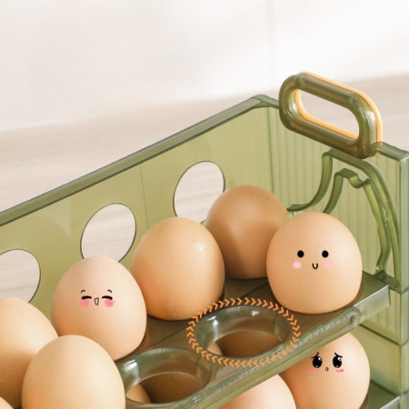Suport Organizator pentru Oua, Cyrax, pentru Frigider, Verde transparent, Capacitate 30 oua, Trei straturi, cu Data de Expirare, 25.5x10x23 cm