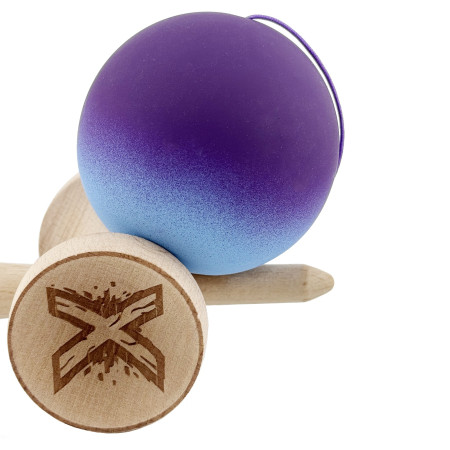 Kendama X Originala, Profesionala, Cyrax, Big Cups V2, Rubber Grip cu Cupe Mari, Rulment Metalic cu Ata 55 cm, Violet/Albastru