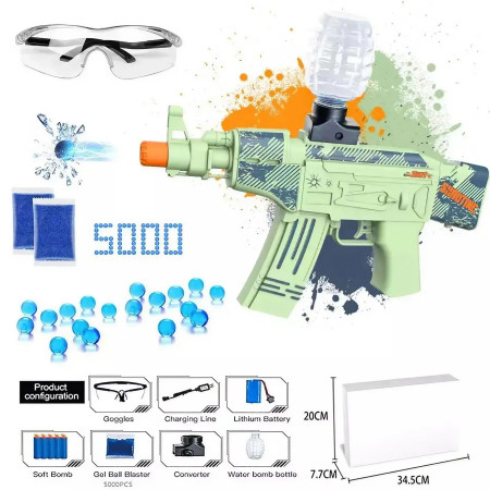 Mitraliera de jucarie electrica Cyrax cu bile de hidrogen de gel, gun bluster, tragere in rafala, varsta peste 6 ani, ochelari de protectie,  5000 de bile incluse, cablu de incarcare, 28x31 cm, AK47, verde