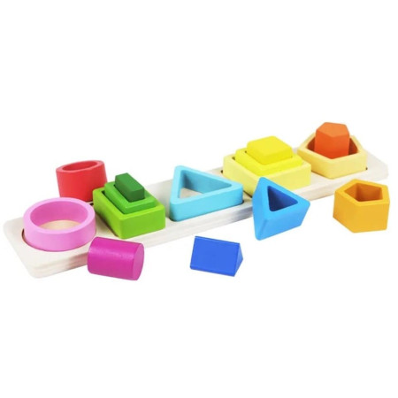Jucarie Montessori din Lemn, Cyrax, Tip Puzzle, cu 5 Forme Asimetrice, 15 Piese, Educativa, Interactiva, Creativa, Model Forme Geometrice, Materiale Non Toxice, +2 Ani, 29x6.5 cm, Multicolor