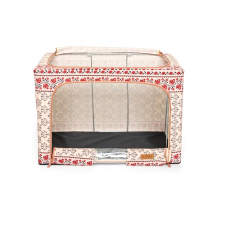 Cutie de Depozitare Pliabila,  66 L din Bumbac si In, 52 x 42 x 39 cm, Fereastra Frontala, 2 Usi de Acces cu Fermoar Bidirectional, Cadru Metalic, Suport Baza Stabil din Plastic, Motiv Traditional Model 6