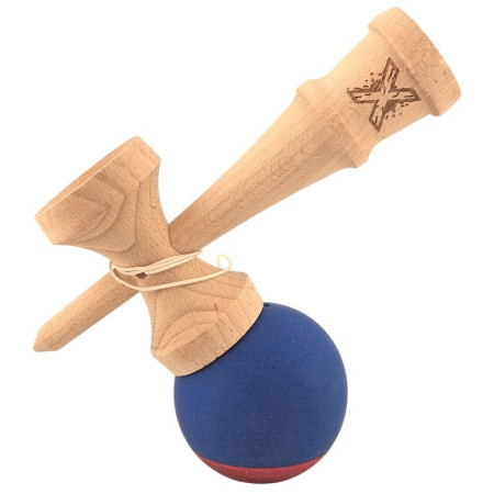 Kendama X Originala, Profesionala, Cyrax, din Lemn, 18 cm, Rubber Grip, Albastru inchis/Rosu