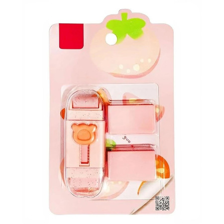 Radiera Retractabila,  Model Ursulet, Reglare Push-Pull, Radiera de tip Push, Doua Radiere de Rezerva in set din Cauciuc, Roz deschis