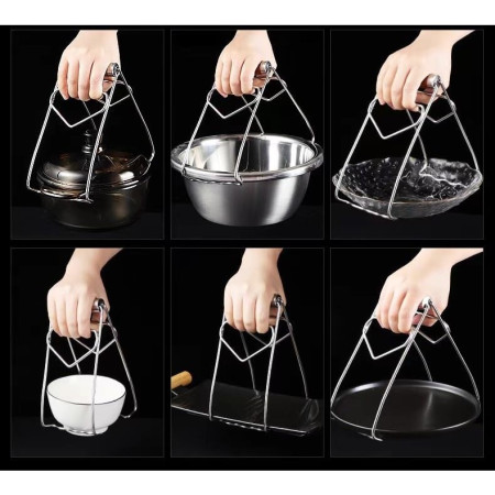 Clema pentru Boluri, Cyrax, Anti-Alunecare, din Otel Inoxidabil, Extindere, pentru Oale, Tigai, de Uz Casnic, Rezistent la Temperaturi Inalte, 19.5x9.8x8 cm, Maner Maro, Gri