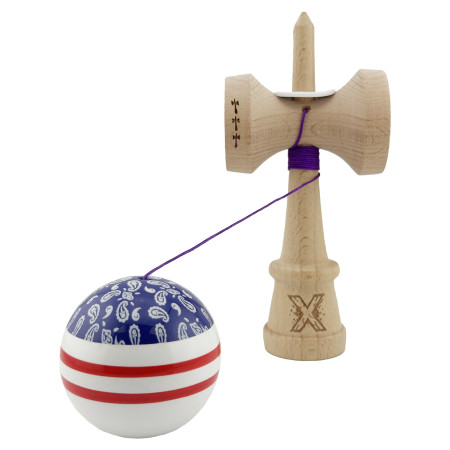 Kendama X Originala CHICANOS, Profesionala, Cyrax, Cupe Mari KING SIZE V3, Super Sticky, Gaura in Baza, Rulment Metalic, din lemn 18 cm, Ata 55 cm, Mov/Alb