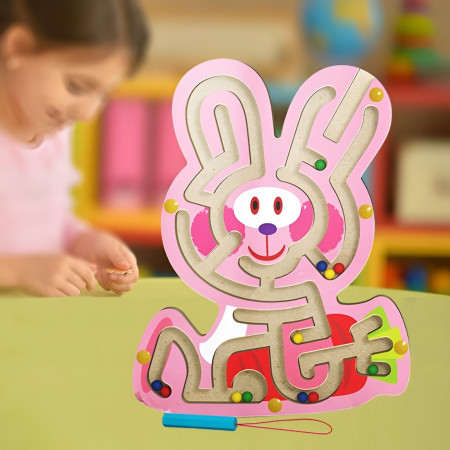 Joc Montessori cu Bile, Cyrax, Creion Magnetic, Tip Labirint, din Lemn, Model Iepuras, 19.5x15.5 cm, Roz