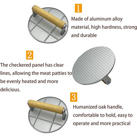 Presa Manuala pentru Carne, Cyrax, din Aliaj de Aluminiu, Maner din Lemn, Presa pentru Burgeri, Usor de Curatat si Folosit, Rotunda, 16x16x6 cm, Gri