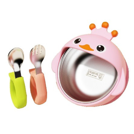 Set 3 Piese Diversificare Bebelusi si Copii, Cyrax, Bol, Lingura si Furculita, Model Ratusca, din Silicon si Otel Inoxidabil, Roz