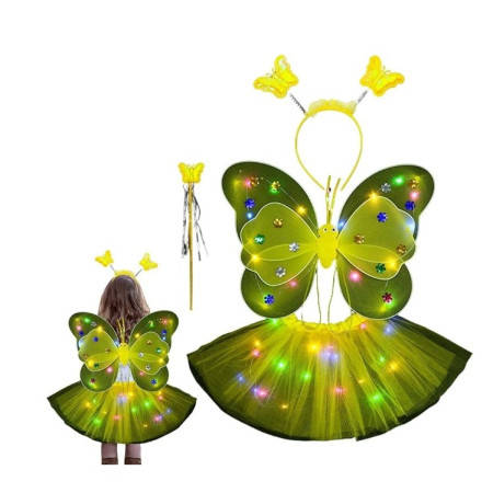 Costum Fluturas cu Aripi Modelabile Luminoase pentru Copii, Cyrax, Fusta din Tul cu Lumini, Bagheta si Bentita, 4 piese, Pentru Halloween, Roleplay, Craciun, Carnaval, Paste, Ziua Copilului, Bumbac/Poliester, Marime universala, Galben