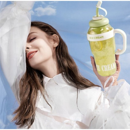 Sticla de Apa, Cyrax, Termica, Mentinere 6 Ore, 1400 mL, cu Pai si Capac, PP si Silicon, cu Maner Alb, 25.5x7.5 cm, Verde