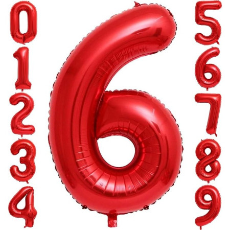 Balon din Folie Metalizata Cyrax, Figurina Cifra, Tema Aniversare 40 cm, Ambalaj Individual, Pai inclus, Umflare cu Aer sau Heliu, Rosu, Cifra 6