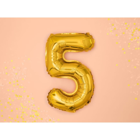 Balon din Folie Metalizata Cyrax, Figurina Cifra, Tema Aniversare 100 cm, Ambalaj Individual, Pai inclus, Umflare cu Aer sau Heliu, Auriu, Cifra 5