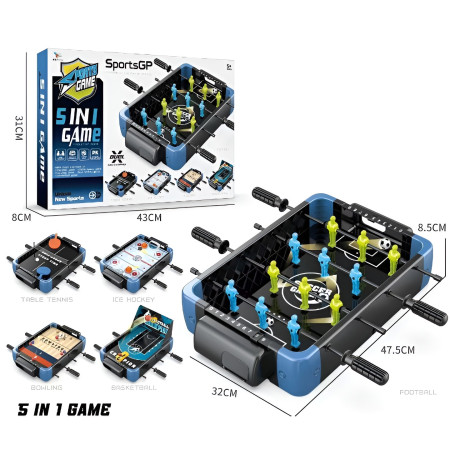 Masa de Joc 5in1  Cyrax, cu Teren Schimbabil de Fotbal, Basket, Bowling, Curling si Hockey, cu Tablou Scor, din ABS, 47.5x32x8.5 cm, Design Multicolor, pentru Copii/ Adulti