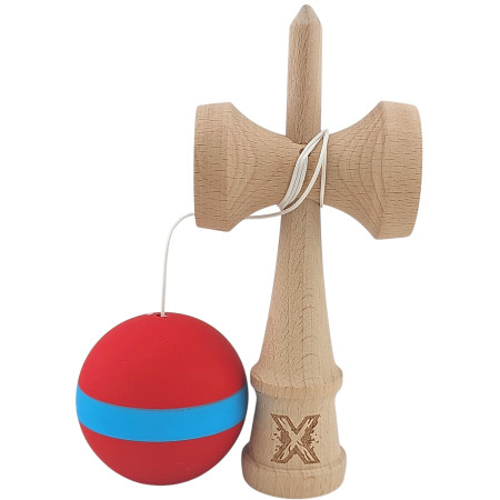 Kendama X Originala, Profesionala, Cyrax, 18 cm, din Lemn, Rubber Grip, Rosu/Albastru