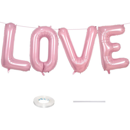 Set 4 Baloane din Folie Metalizata, Cyrax, Figurine Litere, Model Scris Love, Tema Iubire, 80 cm, Ambalaj Individual, Pai Inclus, Umflare cu Aer sau Heliu, Roz