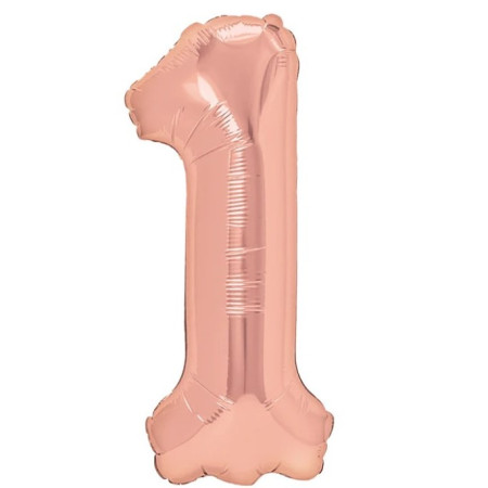 Balon din Folie Metalizata Cyrax, Figurina Cifra, Tema Aniversare 40 cm, Ambalaj Individual, Pai inclus, Umflare cu Aer sau Heliu, Rose Gold, Cifra 1