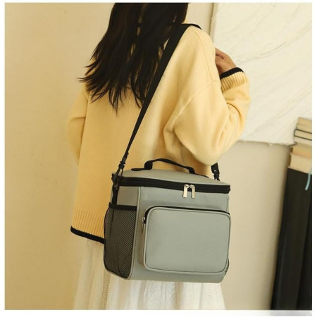 Geanta pentru Pranz, Cyrax, Multifunctionala, Compartimentata, 2 Tipuri de Manere, Impermeabila, 26x24x17 cm, Gri