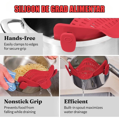 Strecurator Filtru pentru Vase, Cyrax, din Silicon Rezistent la Temperaturi Inalte, Universal, Paste, Legume, Fructe, 23x12.5x6.7 cm Rosu