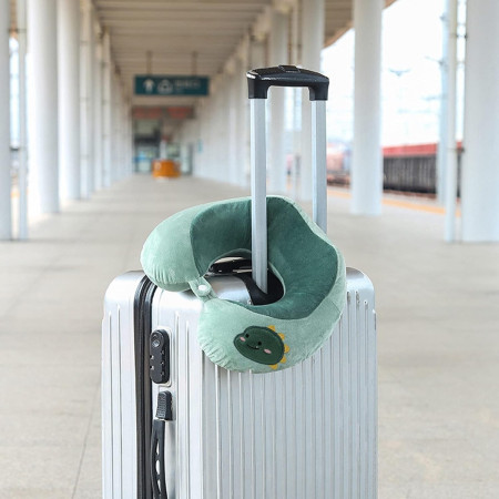 Perna de Calatorie,  Pentru Gat si Cap, Umplutura din Bumbac, 28x28x10 cm, cu Model Brodat Dinozaur, Verde