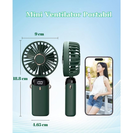 Ventilator Ultra Portabil cu Aromaterapie,  3 in 1, de Mana, de Birou, de Gat, 5 Trepte de Viteza, Incarcare USB, Autonomie 12h, Pliabil, cu Ecran LCD, Verde