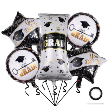 Baloane cu tematica Absolvire, Cyrax, set din 5 baloane, 1 Figurina Diploma, 2 stele, 2 rotunde, din folie de aluminiu, 70 x 40 cm, Aer si Heliu, Alb Negru