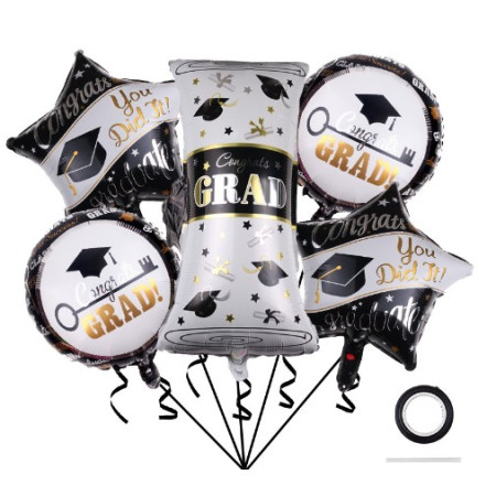 Baloane cu tematica Absolvire, Cyrax, set din 5 baloane, 1 Figurina Diploma, 2 stele, 2 rotunde, din folie de aluminiu, 70 x 40 cm, Aer si Heliu, Alb Negru
