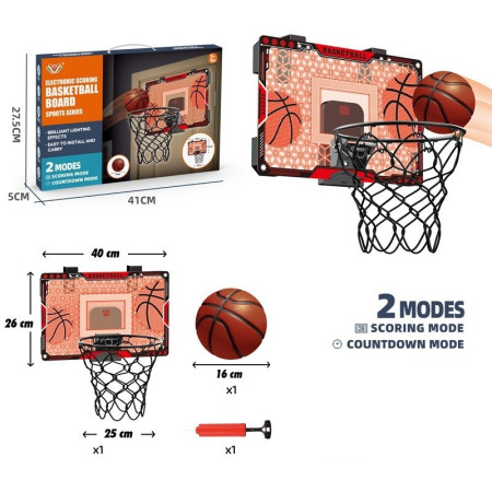 Cos de Baschet pentru Copii, Cyrax, cu Tablou de Bord Electronic, Minge, Pompa, 2 Moduri, Interior/Exterior, Inel Metalic si Rabatabil cu Arc, Luminos, 41x27.5x5 cm, Multicolor