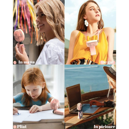 Ventilator Ultra Portabil cu Aromaterapie,  3 in 1, de Mana, de Birou, de Gat, 5 Trepte de Viteza, Incarcare USB, Autonomie 12h, Pliabil, cu Ecran LCD, Roz