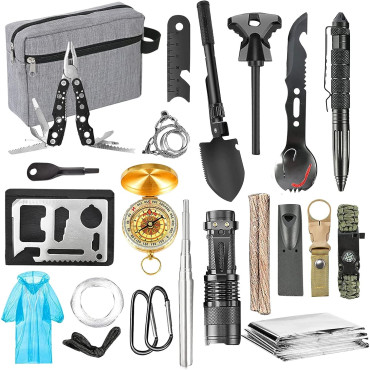 Kit supravietuire multifunctional  Instrumente profesionale, Agatatoare ghiozdan, pentru Camping, Drumetii, Aventuri in aer liber, borseta inclusa, gri