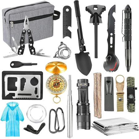 Kit supravietuire multifunctional  Instrumente profesionale, Agatatoare ghiozdan, pentru Camping, Drumetii, Aventuri in aer liber, borseta inclusa, gri