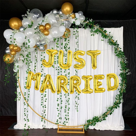 Set Baloane din Folie Metalizata, Cyrax, Model Just Married, Litere de 40 cm, Baloane Party, Ambalaj Individual, Pai, Ata si Adeziv Incluse, Umflare cu Aer sau Heliu, Auriu
